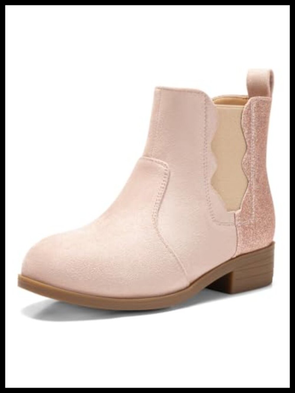 Girls Ankle Boots Side Zipper Low Heel Chelsea Booties Glitter Faux Suede